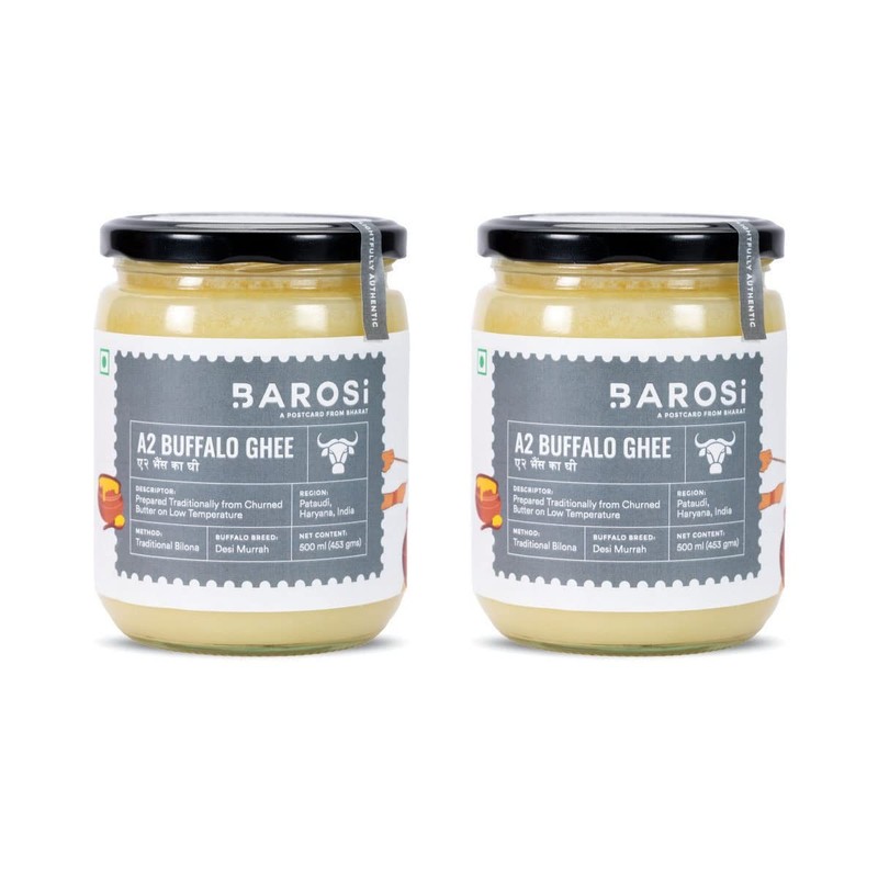 Barosi Buffalo Ghee 1L Combo 2x500ml Bilona Method Pure Farm Made Glass Jar