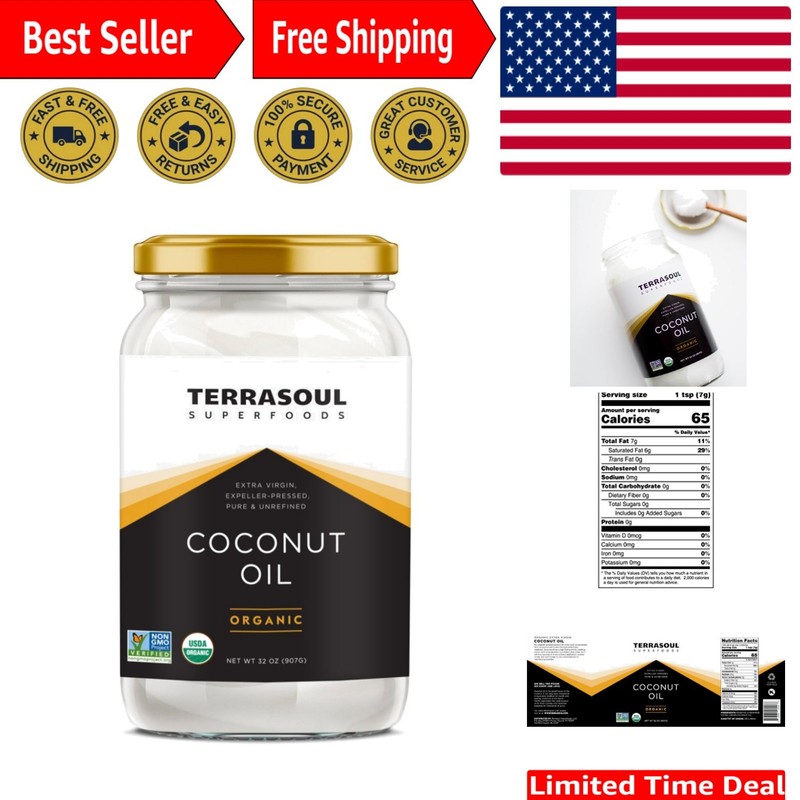 Organic Extra Virgin Coconut Oil 32 oz – Glass Jar for Culinary & Cosmetic Use