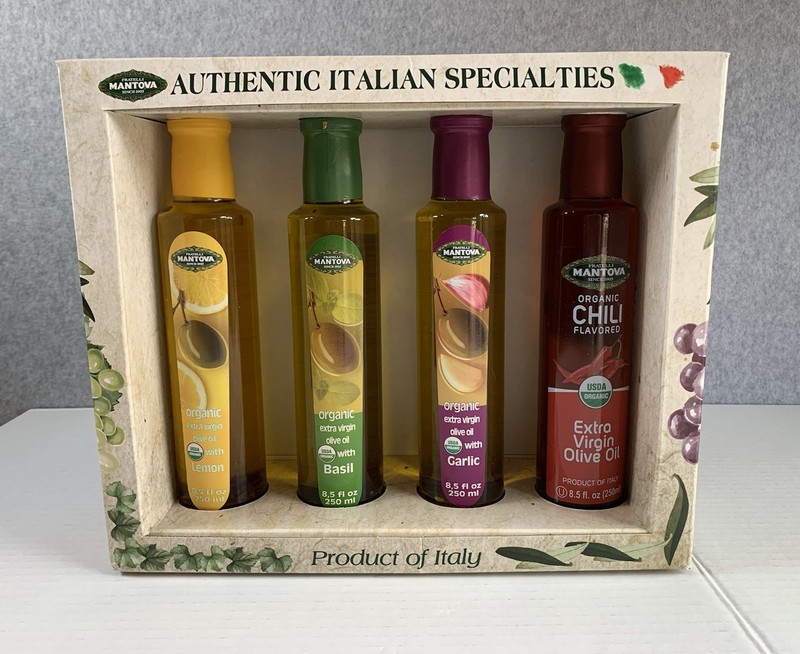 Gourmet Organic Extra Virgin Olive Oil Set ~ Garlic, Basil, Chili, Lemon, 8.5 Oz