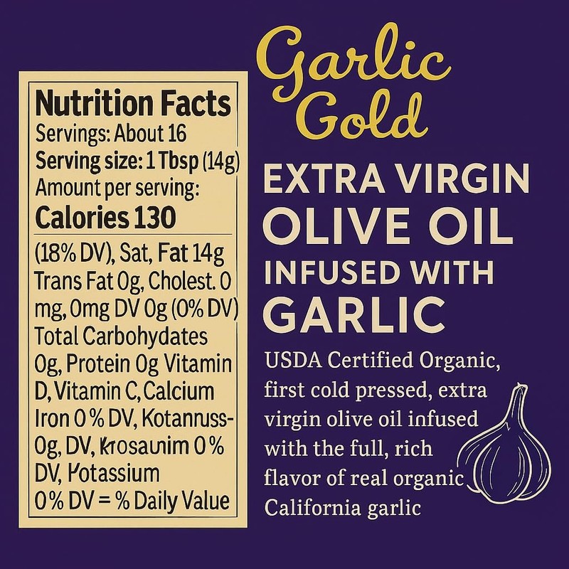 Garlic Gold Extra Virgin Olive Oil Infused with Garlic, Premium Certified USD... gallery