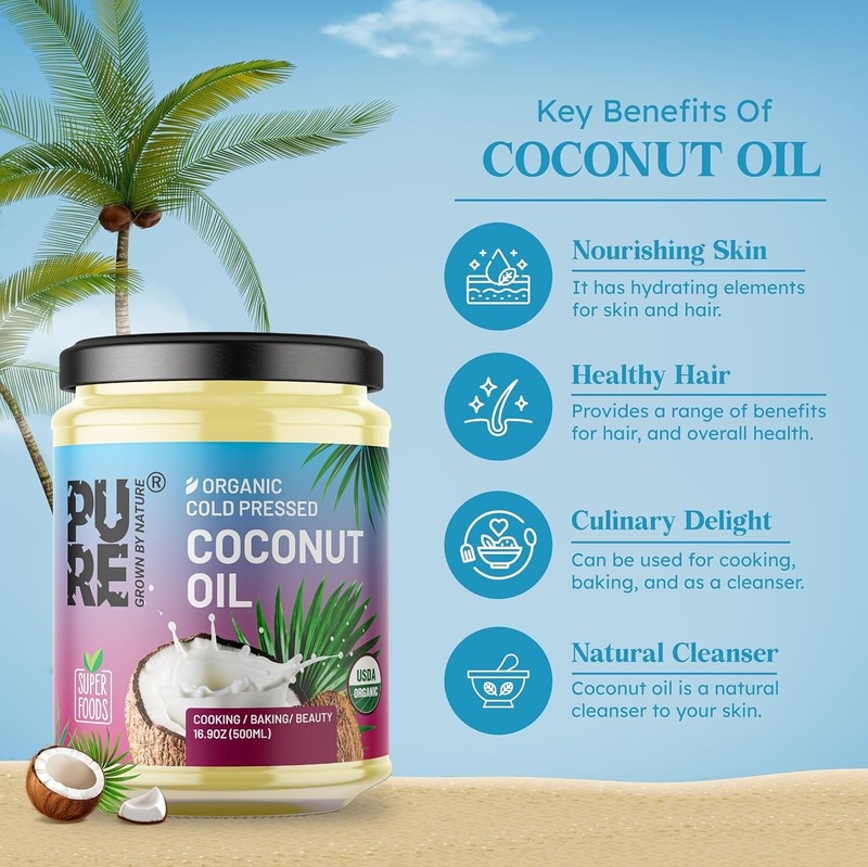 Pure Organic Cooking Coconut Oil 16.90 Oz Extra Virgin Cold Pressed Hair &Skin gallery