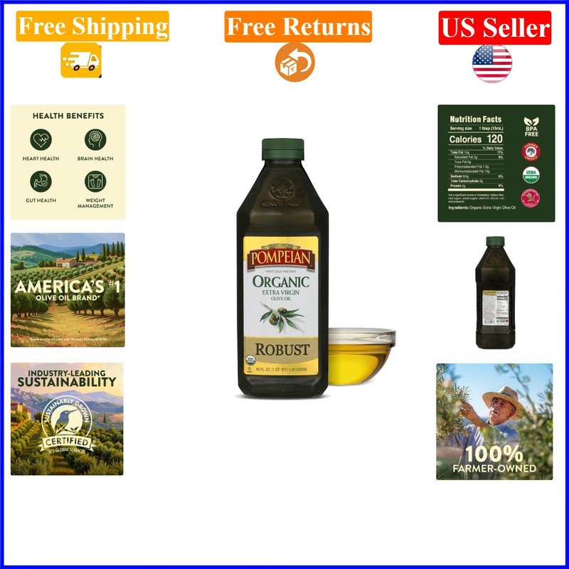 USDA Organic Extra Virgin Olive Oil 48oz Cold Pressed for Salad & Marinades
