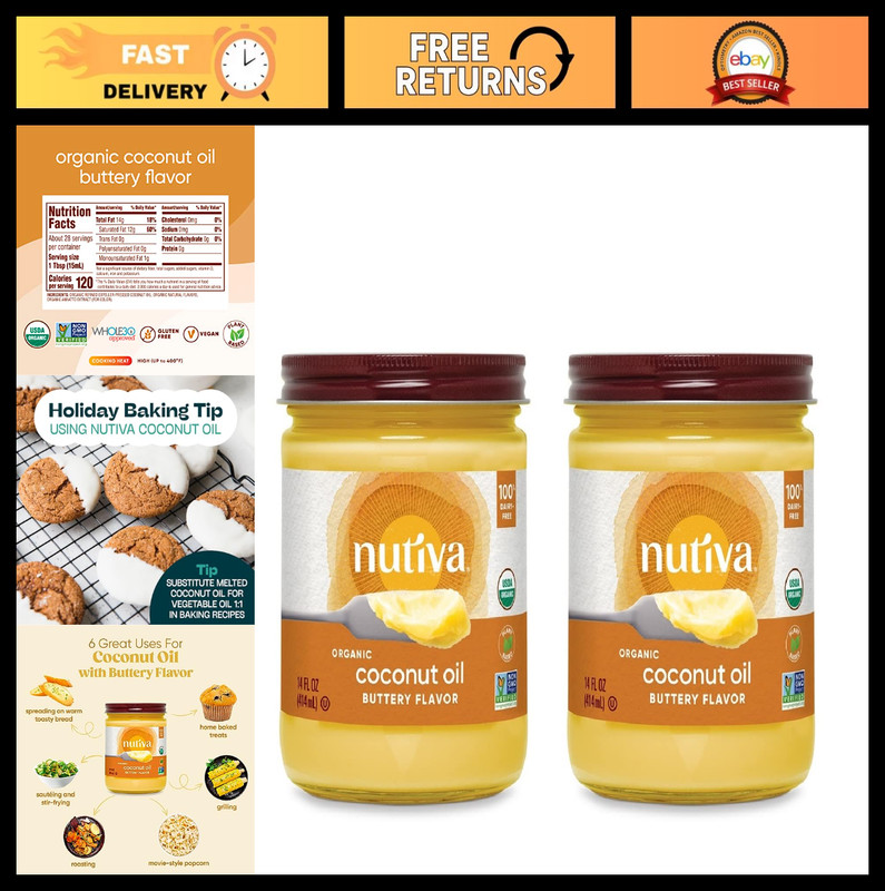 Organic Coconut Oil with Non-Dairy Butter Flavor, 14oz (2-Pack), Vegan, Gluten-F