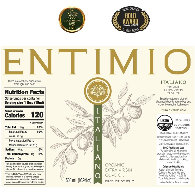 Italiano Premium Drinking Organic Extra Virgin Olive Oil, 400+ mg/kg Polyphen... gallery