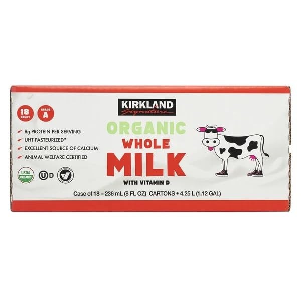 Kirkland Signature Organic Whole Milk, 8 Fluid Ounce (Pack of 18) gallery