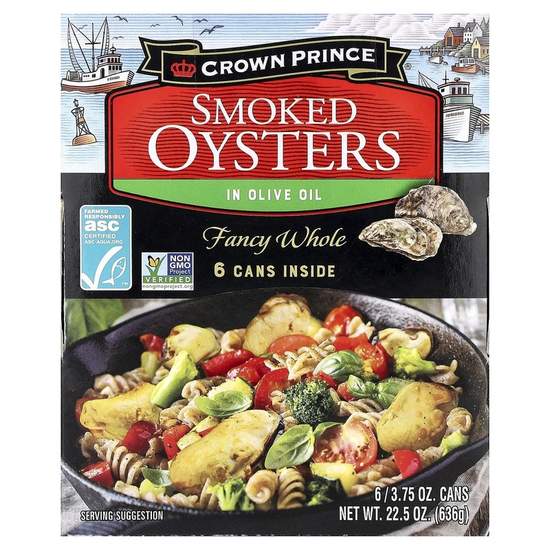 Smoked Oysters in Olive Oil, Fancy Whole, 6 Cans, 3.75 oz (106 g) Each Free Ship
