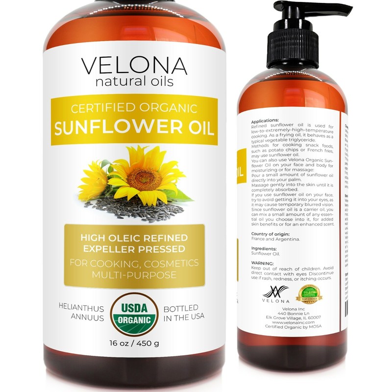Velona USDA Certified Organic Sunflower Oil - 16 oz 100% Pure High Oleic Refine