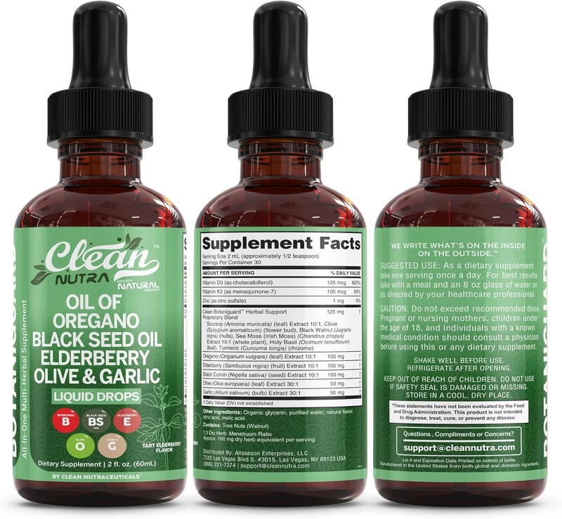 Clean Nutra Oil of Oregano Drops Black Seed Oil Elderberry Vitamin D D3 K2 Olive gallery