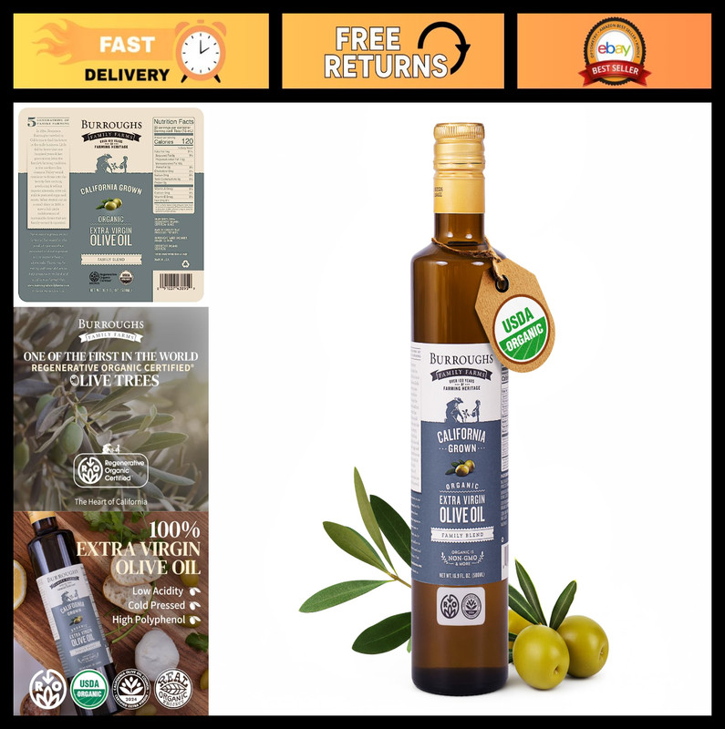 Premium Organic Extra Virgin Olive Oil - Cold-Pressed California EVOO, Non-GMO,