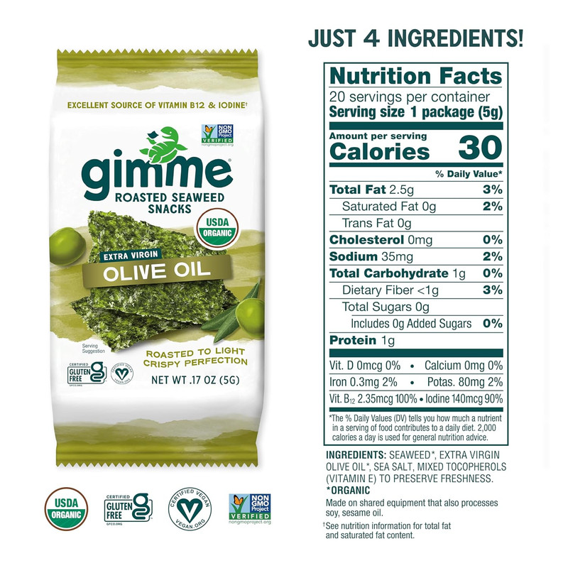 Gimme Seaweed Organic Premium Roasted Seaweed Snacks, Virgin Olive Oil, 20 Count gallery