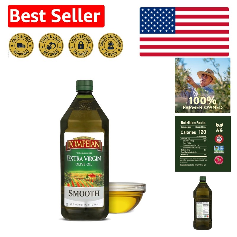 Smooth Extra Virgin Olive Oil – 48 Fl Oz – Cold Pressed for Cooking Perfection