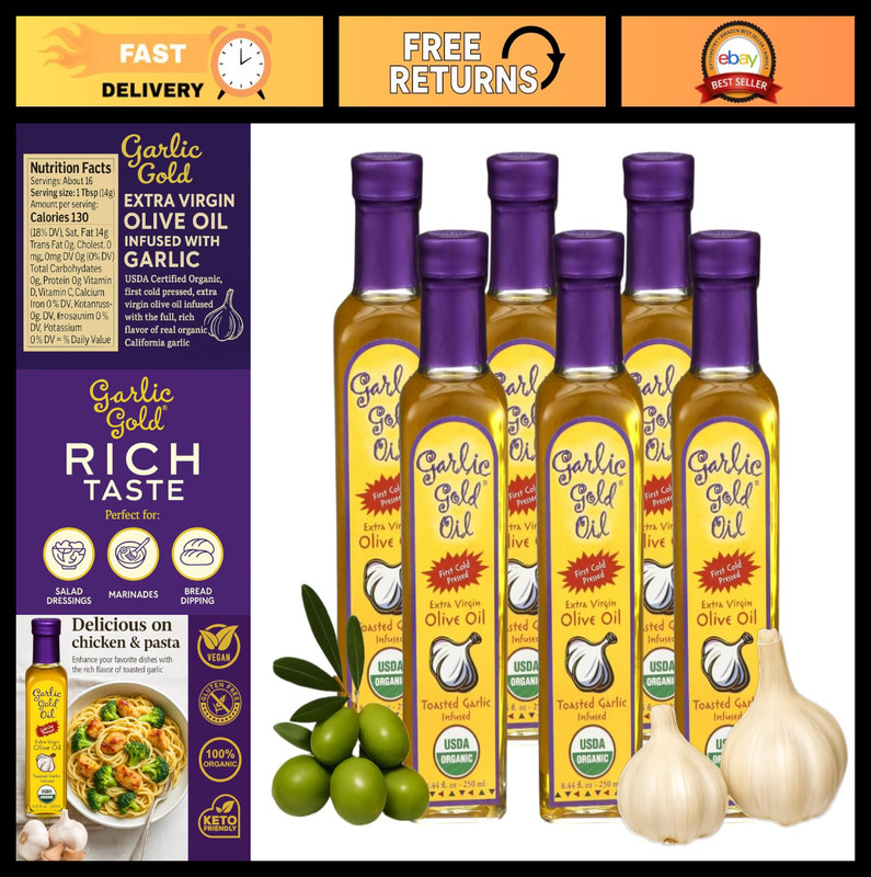 Organic Garlic Infused Extra Virgin Olive Oil, Cold Pressed, Low FODMAP, 250 mL,