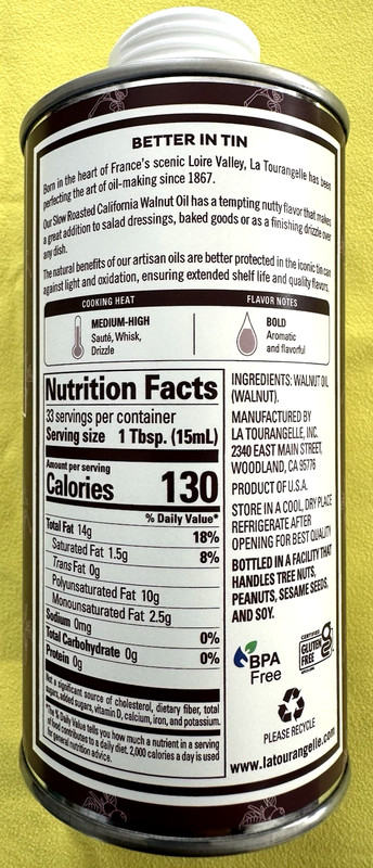 NIB ARTISAN MADE CALIFORNIA USA SLOW ROASTED WALNUT OIL TIN CAN 500 ML EXP 2027 gallery