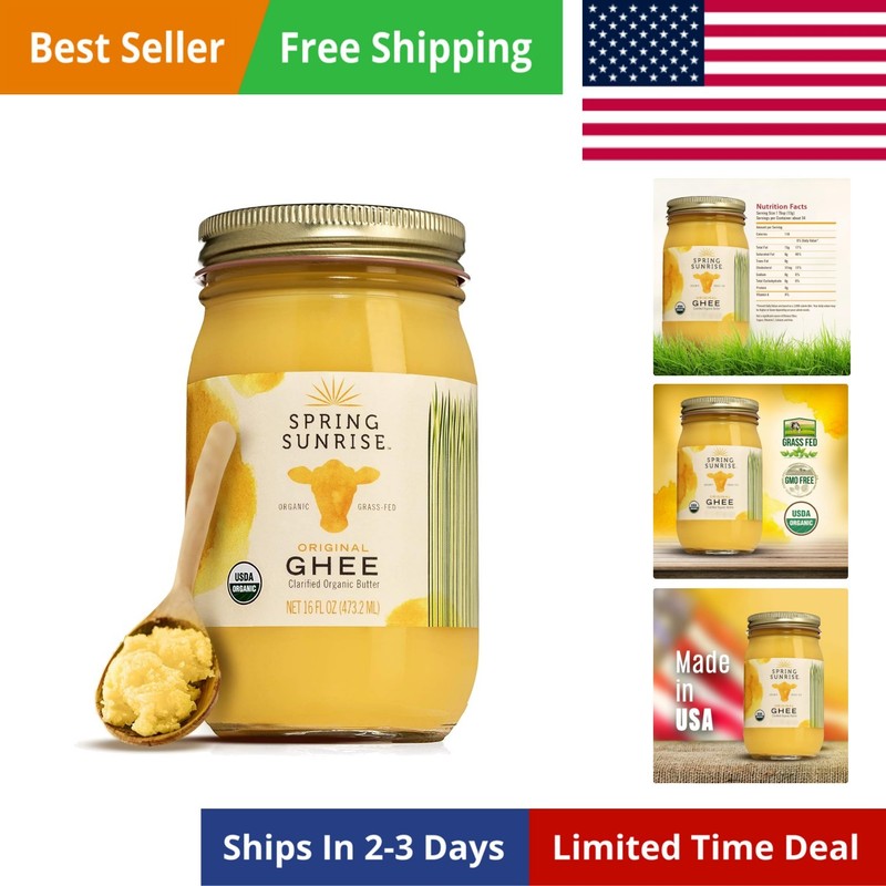 Organic Grass-Fed Ghee 16 oz, USDA Certified Clarified Butter, Keto & Paleo F…