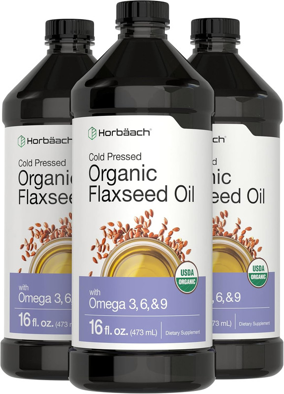 Horbäach Organic Flaxseed Oil, 3 Pack, 16 Fl Oz Each, Cold Pressed Omega 3, 6, 9