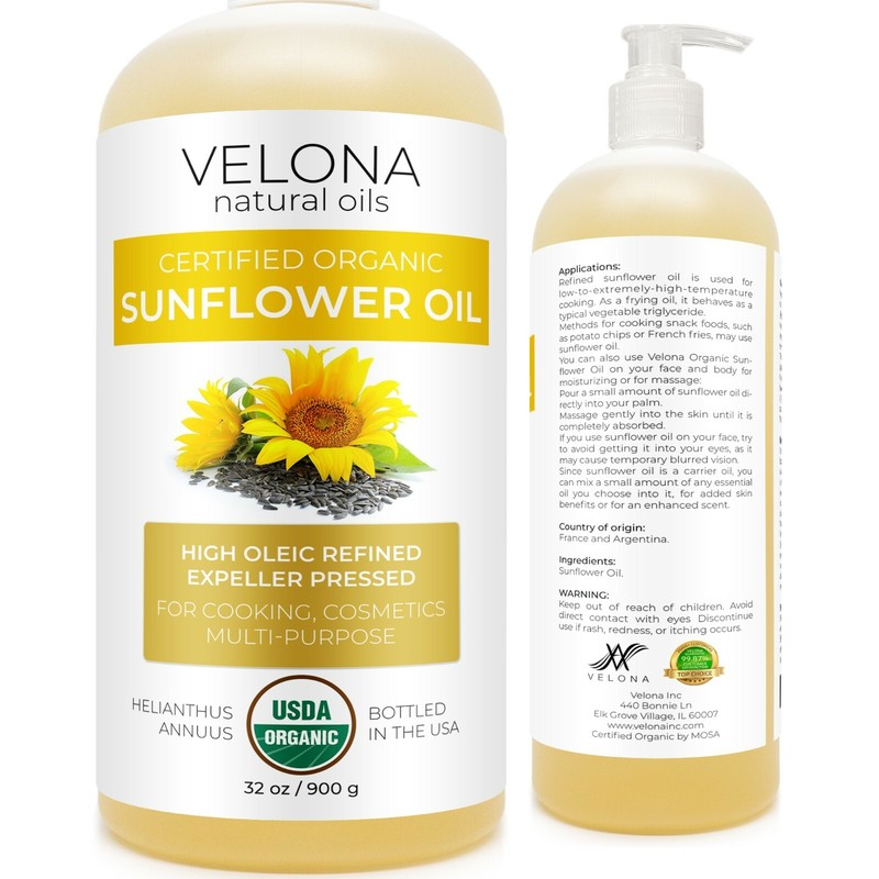 Velona USDA Certified Organic Sunflower Oil - 32 oz 100% Pure High Oleic Refine