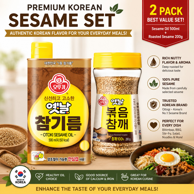 Korean Sesame Oil & Roasted Sesame Set Ottogi Premium Cooking Bundle 2 Pack