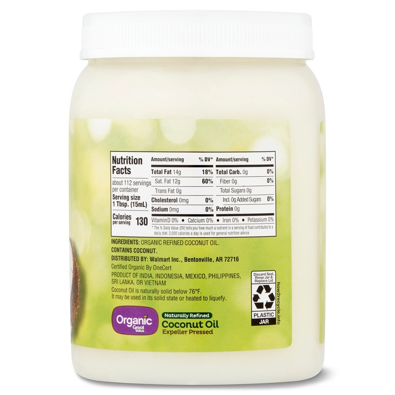 Great Value Naturally Refined Coconut Oil, Organic 56 fl oz, For Cooking Baking gallery