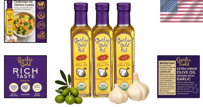 Artisanal Garlic Infused Extra Virgin Olive Oil - 3 Pack, USDA Organic, 250 mL gallery