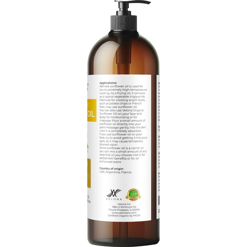 Velona USDA Certified Organic Sunflower Oil - 32 oz 100% Pure High Oleic Refine gallery
