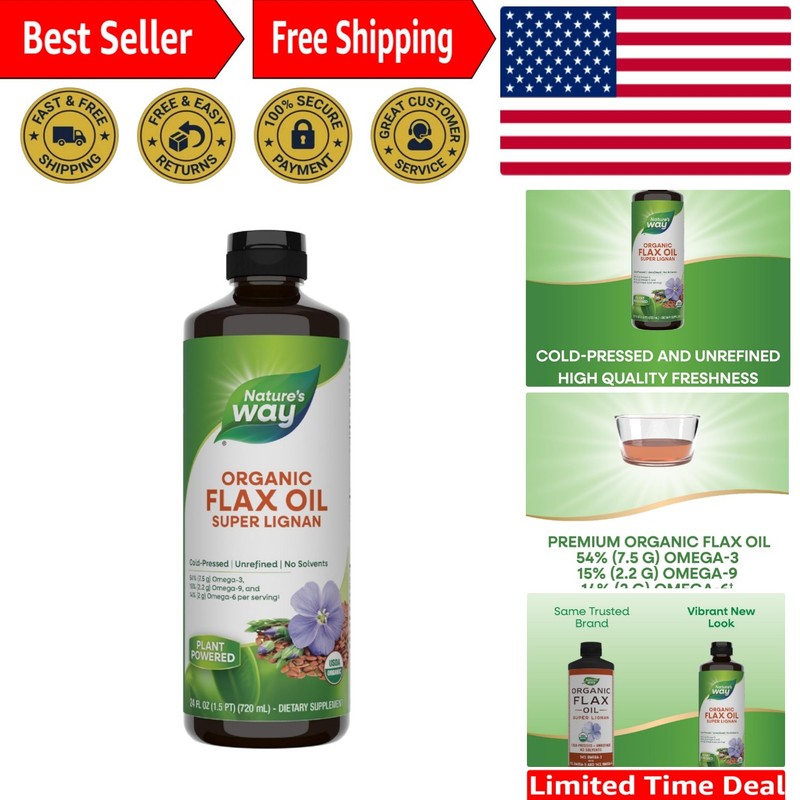 Organic Flax Oil Super Lignan – Cold-Pressed, 24 Fl Oz for Heart Health