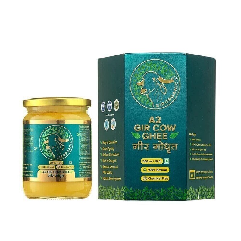 GirOrganic A2 Pure Ghee 100% Desi Gir Cow Vedic Bilona Method 500ml Glass