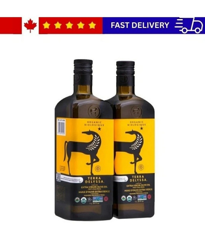 Terra Delyssa Organic Extra Virgin Olive Oil 34 Fl. Oz. Low acidity Glass 2 × 1L