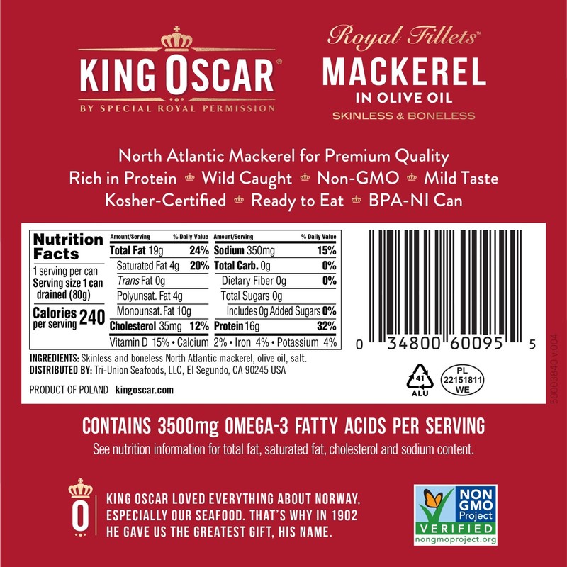 King Oscar Mackerel in Olive Oil 6 Pack Skinless Boneless Wild Caught Keto Paleo gallery