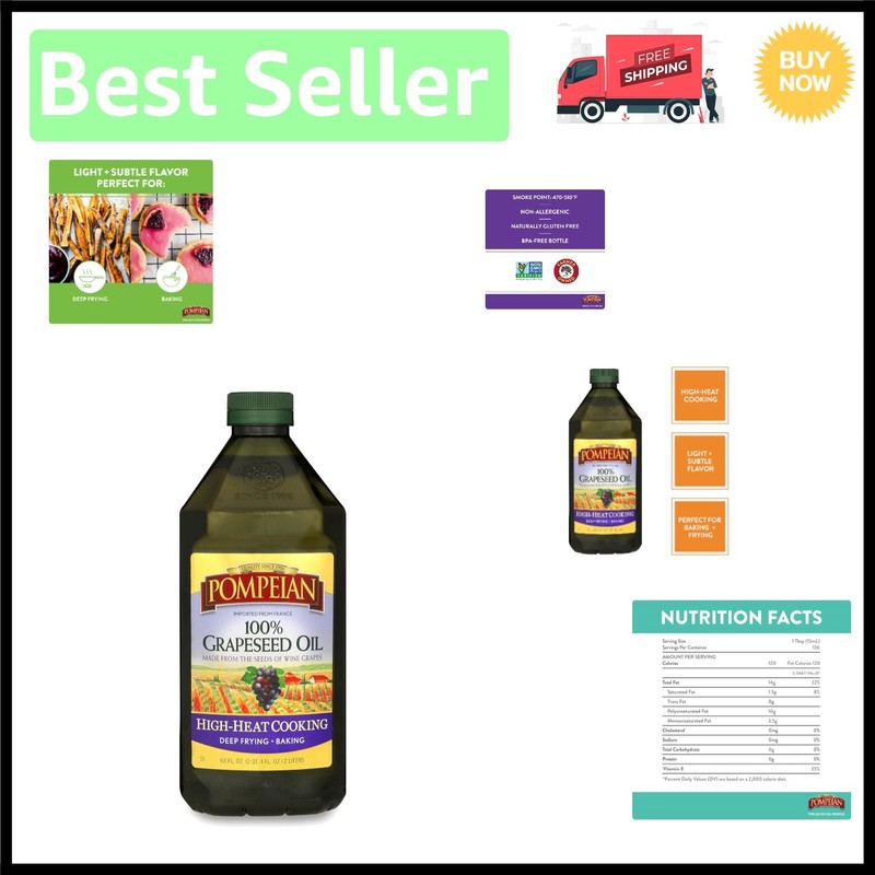 68 Oz Grapeseed Oil – Light Flavor, High Smoke Point 510°F for Versatile Cooking