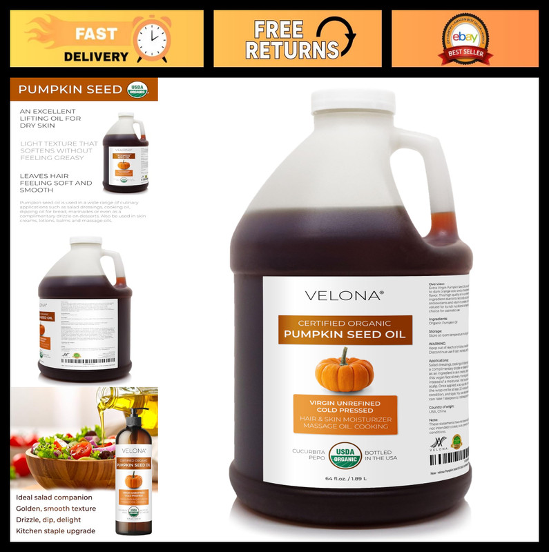 Organic Pumpkin Seed Oil 64 Fl Oz – Pure Cold Pressed Carrier Oil for Cooking &