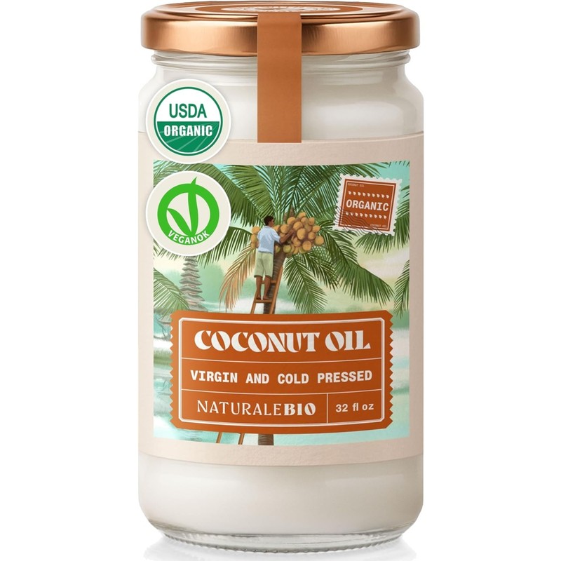 Organic Virgin Coconut Oil 32 fl oz Raw Cold Pressed for Skin, Hair, Moisturi…