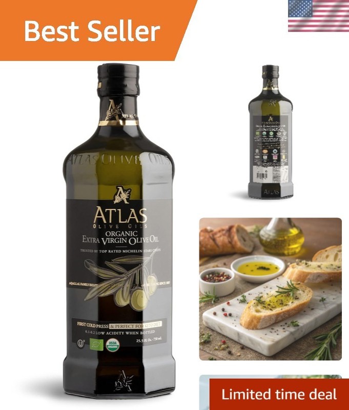 Atlas 750 mL Organic Cold Press Extra Virgin Olive Oil in Glass Bottle, Polyp…