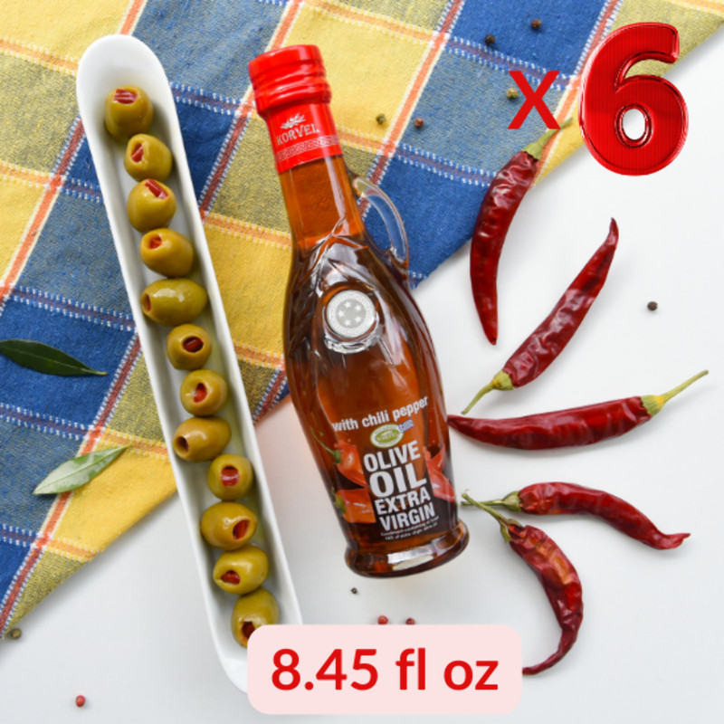 KORVEL Greek EVOO with Chili Pepper, Amphora 8.45 fl oz-6 pack