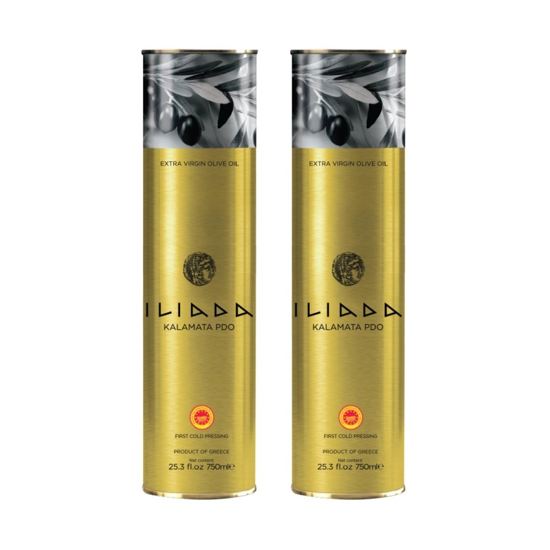 2 Pack 750 ml Round Tin Iliada Kalamata PDO Extra Virgin Olive Oil. 100% Greek