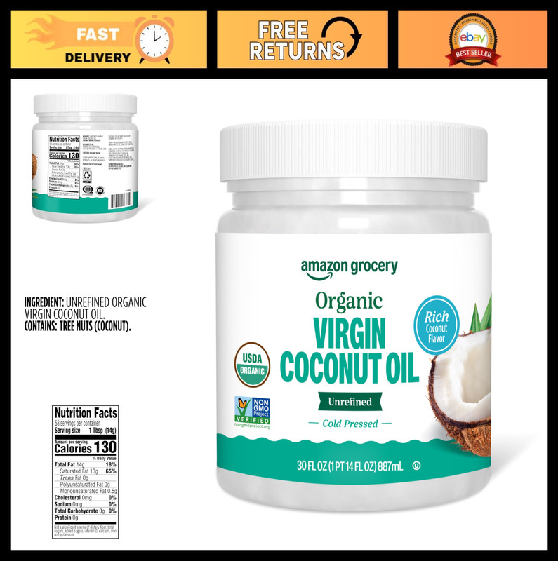 Organic Virgin Coconut Oil – 30 Fl Oz, Cold Pressed, Non-GMO, Cooking & Skin Car
