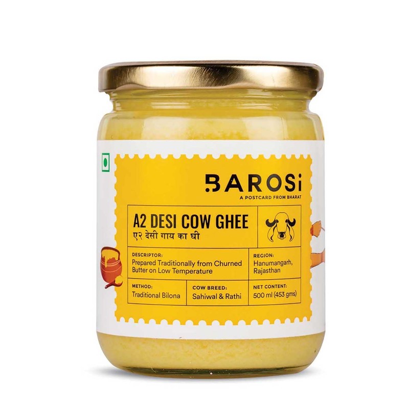 Barosi A2 Cow Ghee 500ml Bilona Method Danedar Desi Ghee Organic Glass Jar
