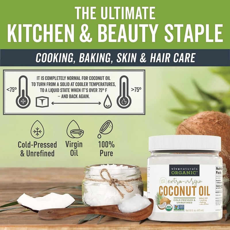 Viva Naturals Organic Coconut Oil, Cold-Pressed Natural Hair /Skin Cooking Oil gallery