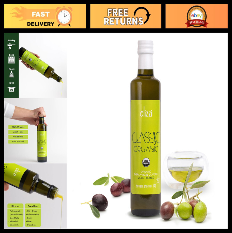 Organic Extra Virgin Olive Oil – Cold Pressed, Hand Picked, Smooth & Fruity, 16.