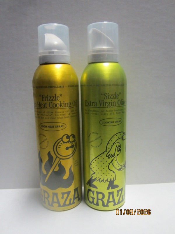 Graza 5oz ‘Frizzle’ Heat Cooking & “Sizzle Extra Virgin Olive Oil Spray LOT OF 2
