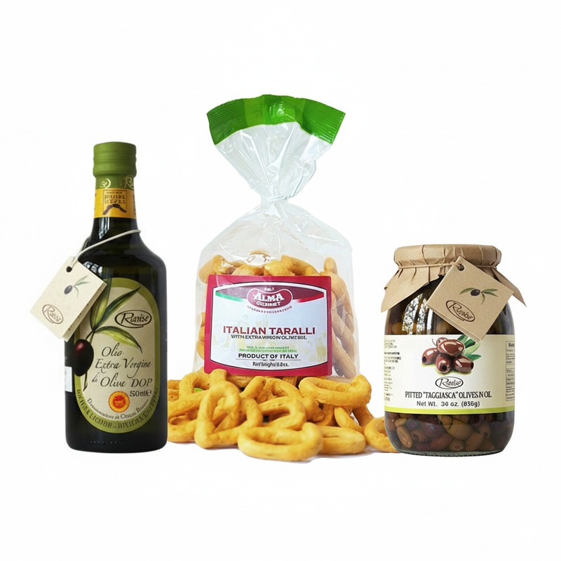 Alma Gourmet Ligurian Taste Combo – EVOO, Taggiasca Olives & Taralli