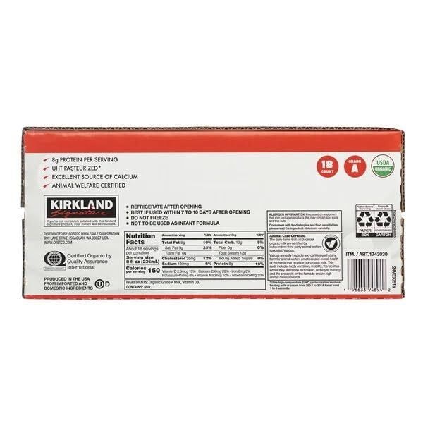 Kirkland Signature Organic Whole Milk, 8 Fluid Ounce (Pack of 18) gallery