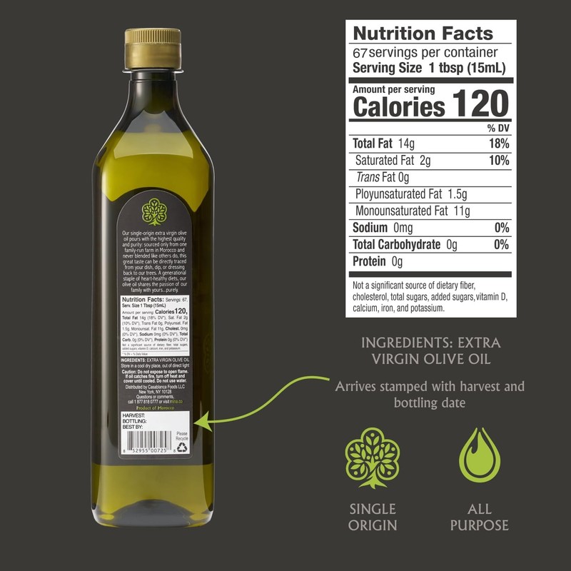 Mina Moroccan Olive Oil Extra Virgin 33.8 Fl Oz-1 L, Polyphenol Rich gallery