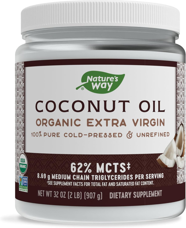 Organic Extra Virgin Coconut Oil, Pure Source of MCTs, Cold-Pressed, 32 Oz.