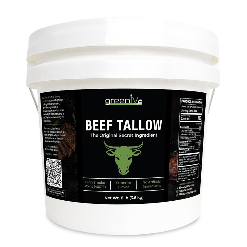 Beef Tallow 100% Pure 8 Pound, USA Sourced Rendered Beef Fat, Cooking Oil, Skin