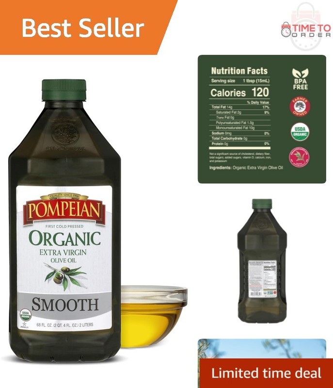 Organic Extra Virgin Olive Oil 68oz Cold Pressed Smooth for Cooking & Drizzling