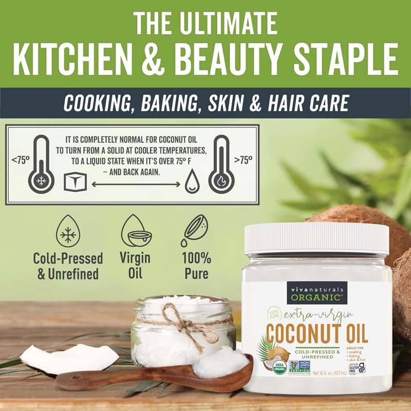 Viva Naturals Organic Coconut Oil 16 oz Unrefined Cold-Pressed Hair Skin Cooking gallery