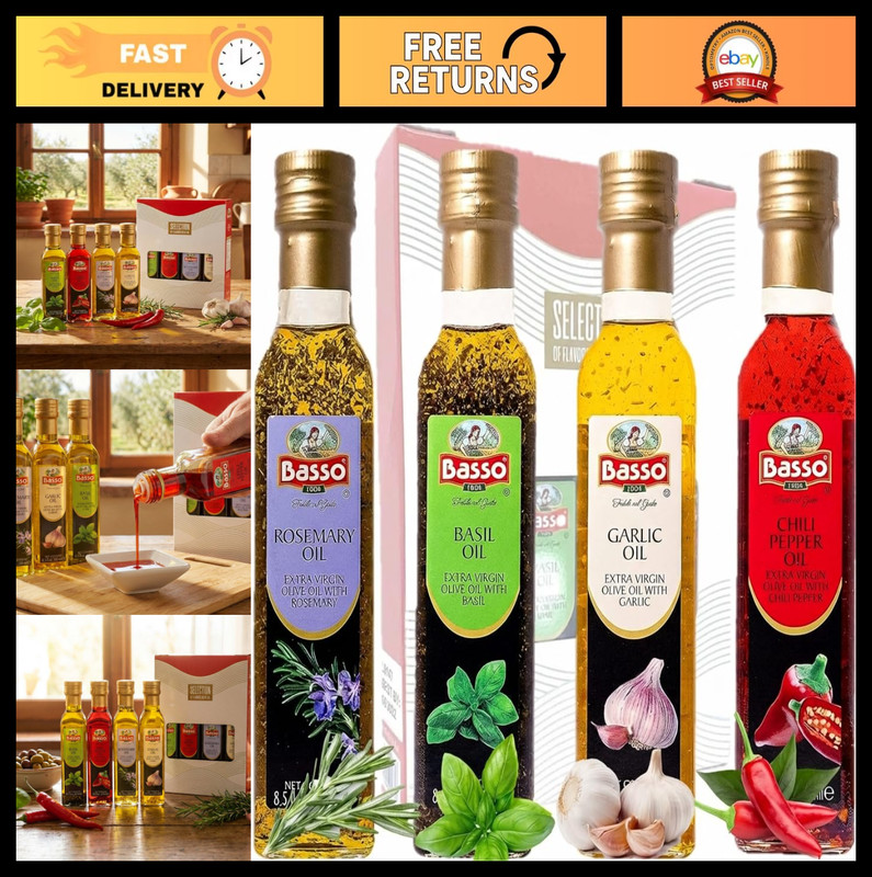 Infused Extra Virgin Olive Oil Gift Set – 4 Bottles, First Cold Pressed, Dipping
