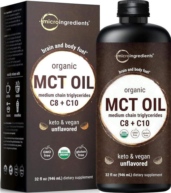 MCT Oil Organic, 32 Fl Oz |100% Virgin Coconut with C8 + C10 Fatty Acids | Great