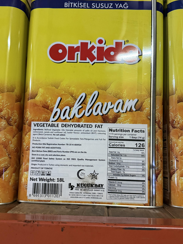 Orkide Baklavam Vegetable Dehydrated Fat 18L Tin Turkish Pastry Oil