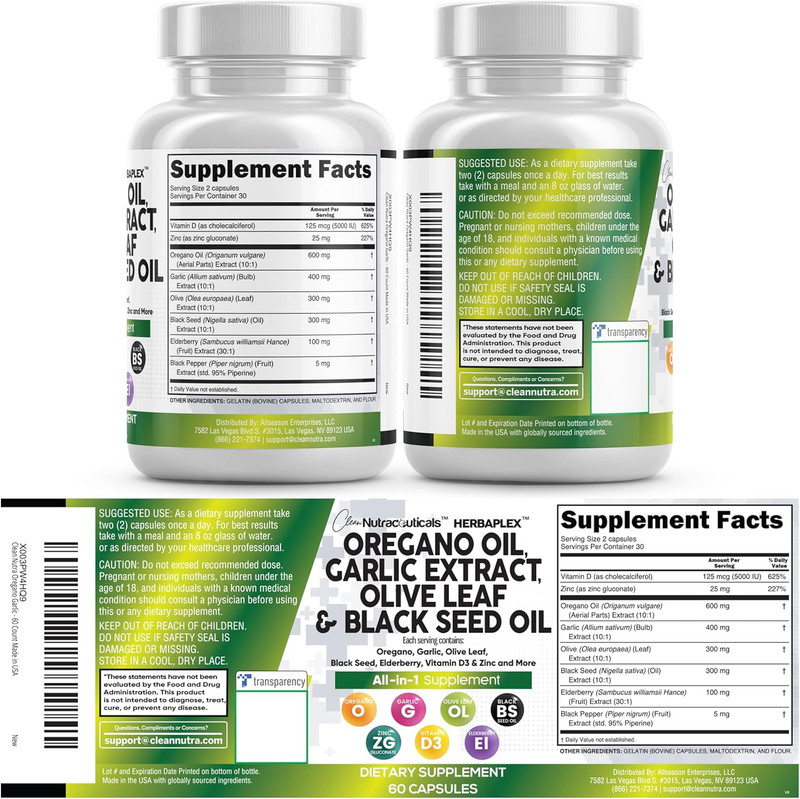 Clean Nutra Oregano Oil Black Seed Oil Garlic Olive Leaf Elderberry D3 Zinc gallery